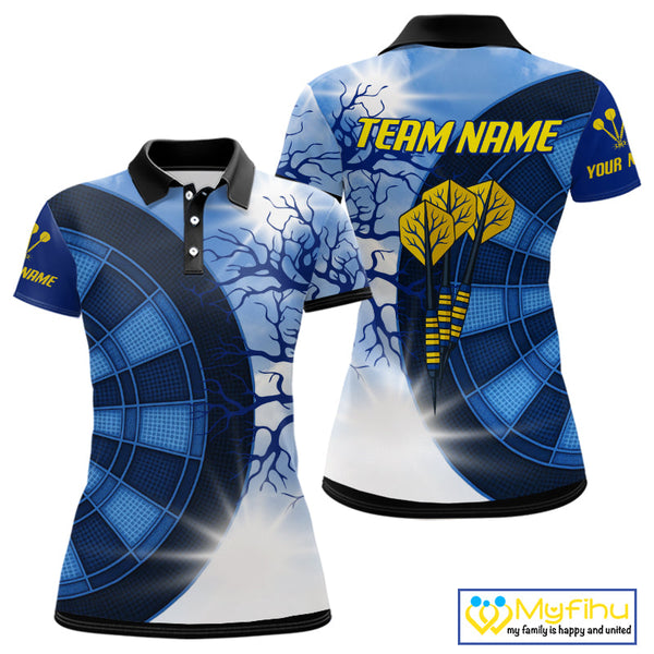 Custom Blue Camo Gold Dartboard Darts Polo Shirt For Women, Dart Tournament Shirt NYN0444