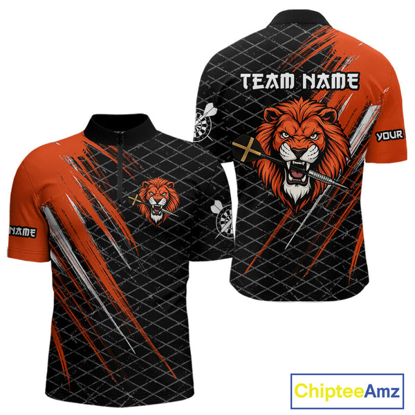 Custom Black And Orange Faith Cross Lion Dart Team Quarter-Zip Shirts For Men, Dart Jerseys NYN0101