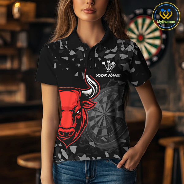 Custom Black And Red Dart Polo Shirts For Women, Bull Dart Team Jerseys NYN0716