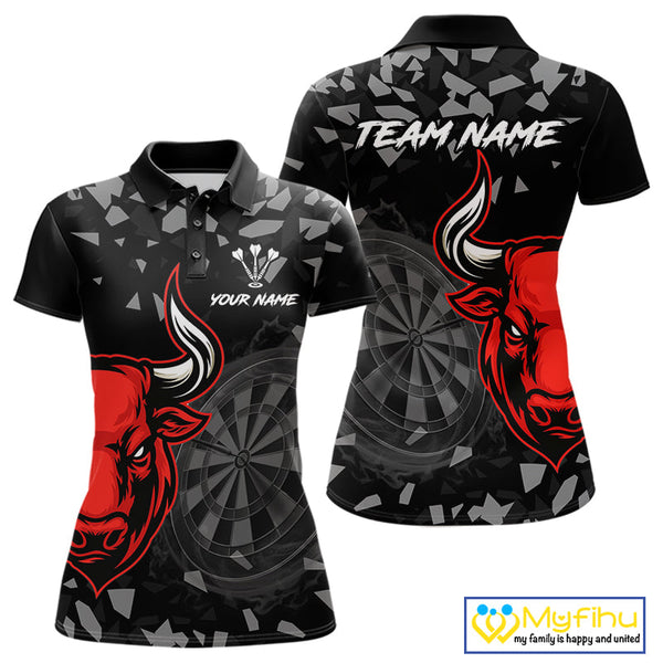 Custom Black And Red Dart Polo Shirts For Women, Bull Dart Team Jerseys NYN0716