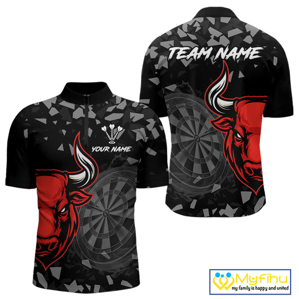 Custom Black And Red Dart Quarter-Zip Shirts For Men, Bull Dart Team Jerseys NYN0716