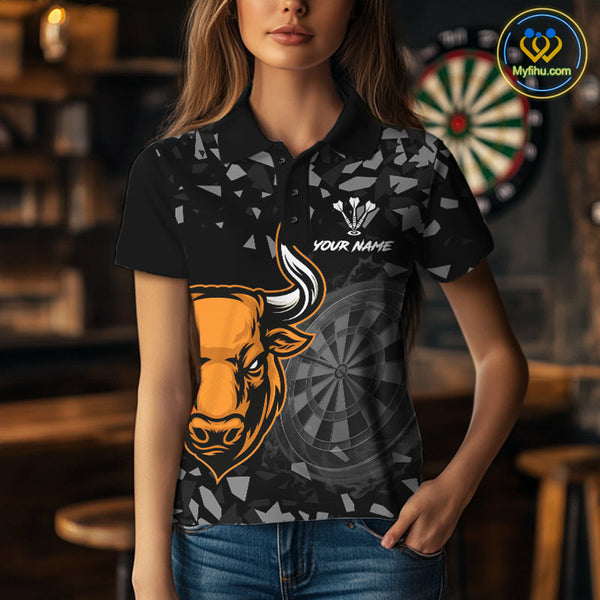 Custom Black And Orange Dart Polo Shirts For Women, Bull Dart Team Jerseys NYN0717