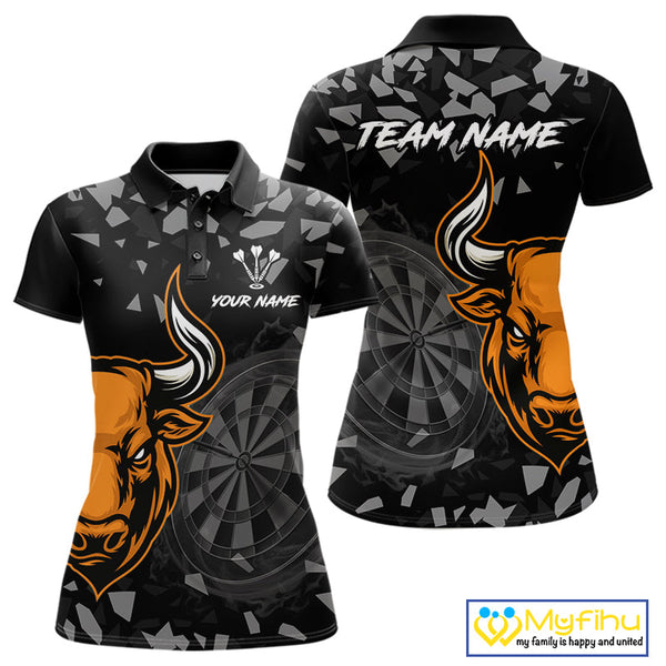 Custom Black And Orange Dart Polo Shirts For Women, Bull Dart Team Jerseys NYN0717