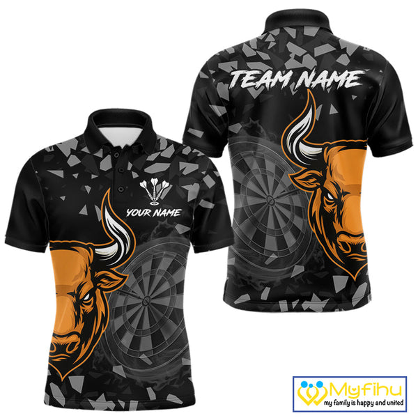 Custom Black And Orange Dart Polo Shirts For Men, Bull Dart Team Jerseys NYN0717