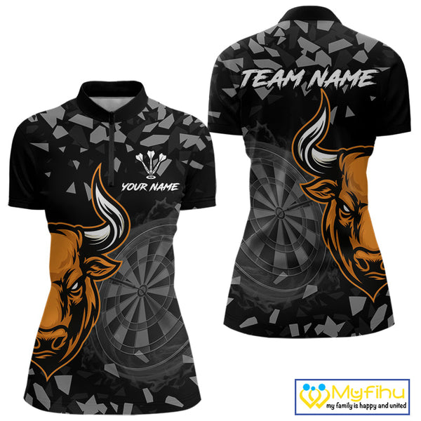 Custom Black And Orange Dart Quarter-Zip Shirts For Women, Bull Dart Team Jerseys NYN0717