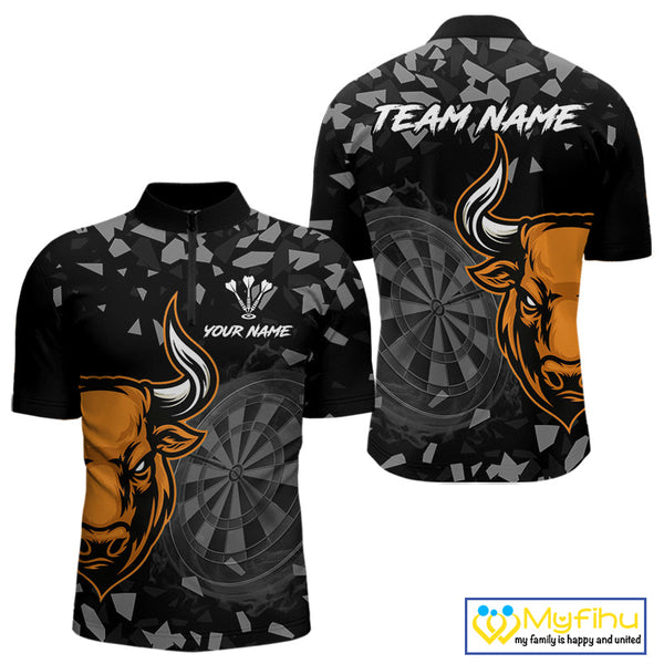 Custom Black And Orange Dart Quarter-Zip Shirts For Men, Bull Dart Team Jerseys NYN0717