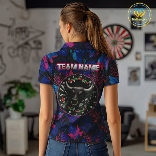 Custom Blue And Purple Leaf Pattern Angry Bull Dart Polo Shirt For Women, Dart Jersey NYN0486