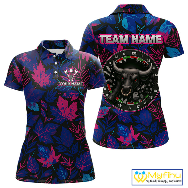 Custom Blue And Purple Leaf Pattern Angry Bull Dart Polo Shirt For Women, Dart Jersey NYN0486