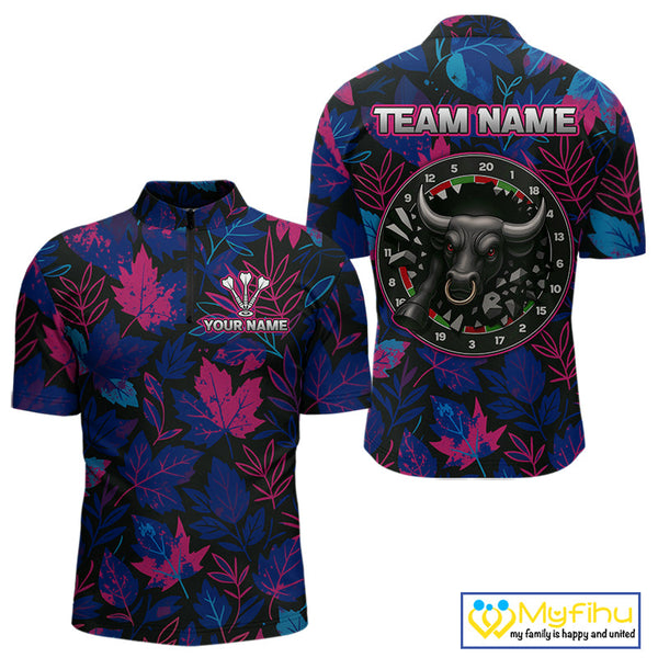 Custom Blue And Purple Leaf Pattern Angry Bull Dart Quarter-Zip Shirt For Men, Dart Jersey NYN0486