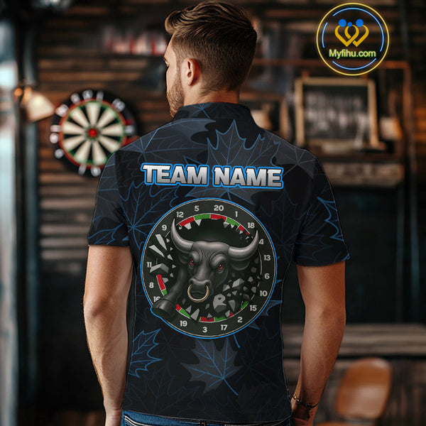Custom Blue Leaf Pattern Angry Bull Dart Polo Shirt For Men, Dart Jersey NYN0487