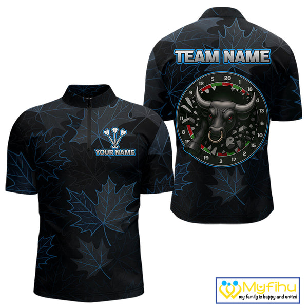 Custom Blue Leaf Pattern Angry Bull Dart Quarter-Zip Shirt For Men, Dart Jersey NYN0487