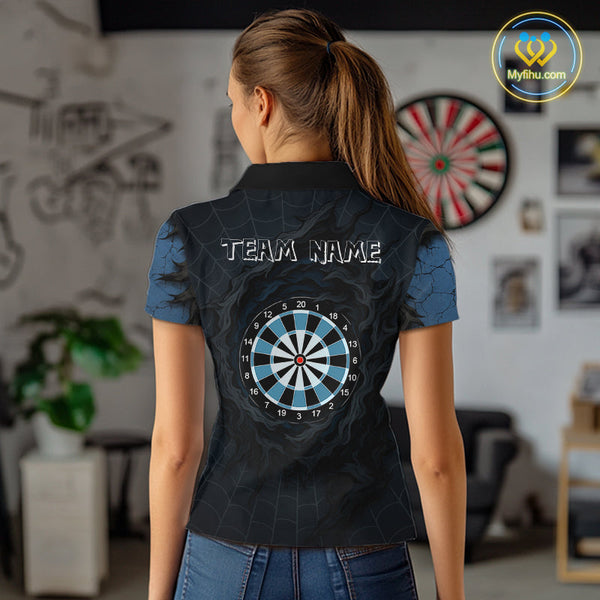 Custom Black And Blue Spider Web Dart Team Polo Shirt For Women, Halloween Dart Outfit NYN0496