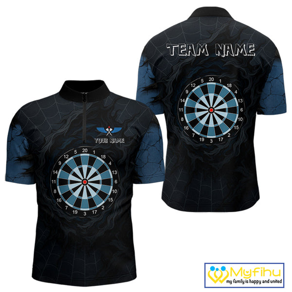 Custom Black And Blue Spider Web Dart Team Quarter-Zip Shirt For Men, Halloween Dart Outfit NYN0496