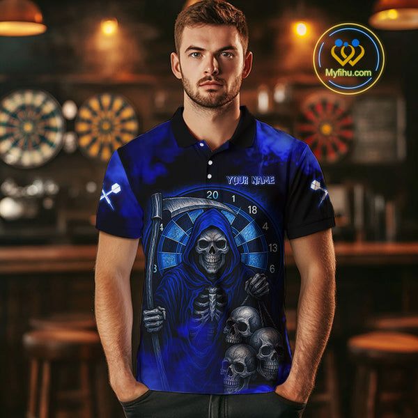 Custom Blue Smoke Grim Reaper Skull Dart Polo Shirt For Men, Halloween Dart Outfit NYN0501