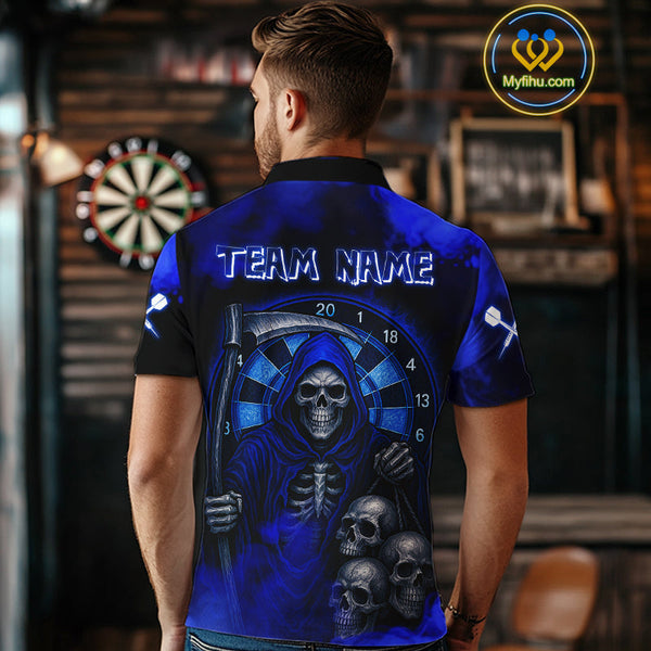 Custom Blue Smoke Grim Reaper Skull Dart Polo Shirt For Men, Halloween Dart Outfit NYN0501