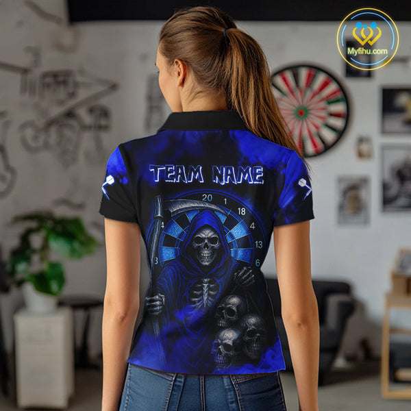 Custom Blue Smoke Grim Reaper Skull Dart Polo Shirt For Women, Halloween Dart Outfit NYN0501