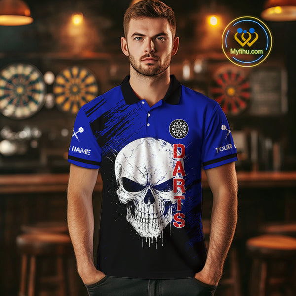 Custom Black, Red And Blue Skull Dart Polo Shirt For Men, Skull Dart Jerseys NYN0505