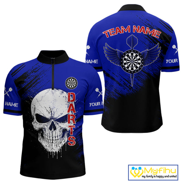 Custom Black, Red And Blue Skull Dart Quarter-Zip Shirt For Men, Skull Dart Jerseys NYN0505