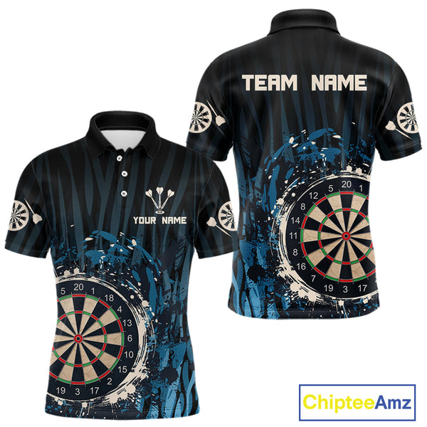 Custom Black And Blue Vintage Dart Polo Shirts For Men, Retro Dart Team Shirt NYN0255