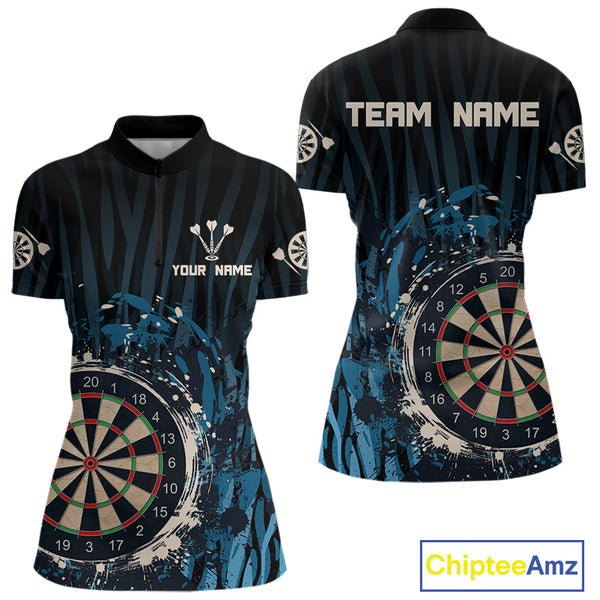 Custom Black And Blue Vintage Dart Quarter-Zip Shirts For Women, Retro Dart Team Shirt NYN0255