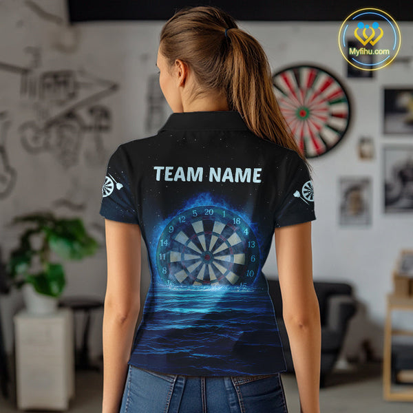 Custom Black And Blue Flame Dartboard Dart Team Polo Shirts For Women, Dart League Shirt NYN0259