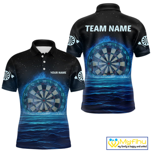 Custom Black And Blue Flame Dartboard Dart Team Polo Shirts For Men, Dart League Shirt NYN0259