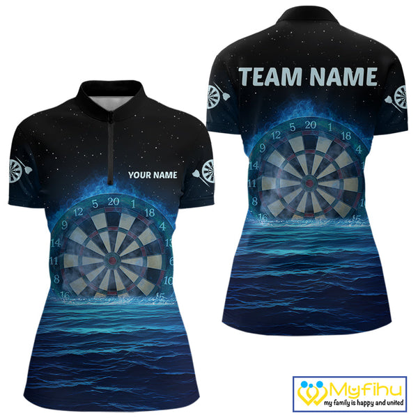 Custom Black And Blue Flame Dartboard Dart Team Women Quarter-Zip Shirt, Dart League Shirt NYN0259