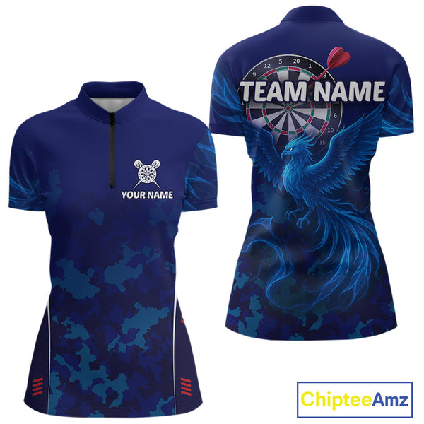 Custom Blue Camo Phoenix Dart Quarter-Zip Shirts For Women, Dart Tournament Team Shirt NYN0263