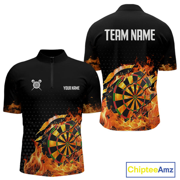 Custom Fire Flame Dartboard Men Quarter-Zip Shirts, Dart Tournament Dart Team Shirt NYN0270