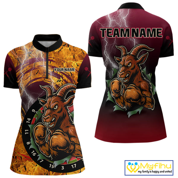 Custom Fire Flame Thunder Lightning Angry Goat Dart Women Quarter-Zip Shirt, Dart Shirt NYN0534