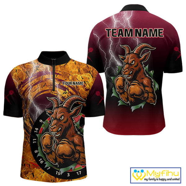 Custom Fire Flame Thunder Lightning Angry Goat Dart Men Quarter-Zip Shirt, Dart Team Shirt NYN0534
