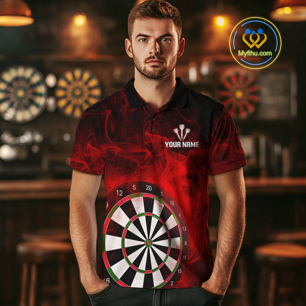 Custom Black And Red Smoke Flame Skull Dart Men Polo Shirt, Halloween Dart Team Outfit NYN0572