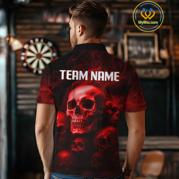 Custom Black And Red Smoke Flame Skull Dart Men Polo Shirt, Halloween Dart Team Outfit NYN0572