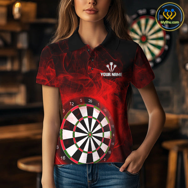 Custom Black And Red Smoke Flame Skull Dart Women Polo Shirt, Halloween Dart Team Outfit NYN0572
