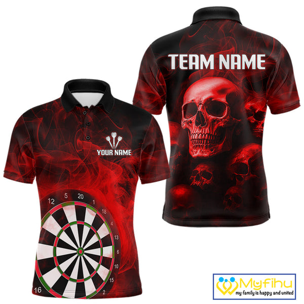 Custom Black And Red Smoke Flame Skull Dart Men Polo Shirt, Halloween Dart Team Outfit NYN0572