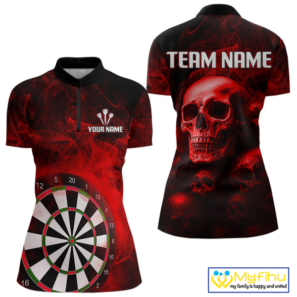 Custom Black And Red Smoke Flame Skull Dart Women Quarter-Zip Shirt, Halloween Dart Outfit NYN0572