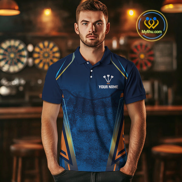Custom Blue And Orange Smoke Flame Dart Team Polo Shirts For Men, Vintage Dart Shirt NYN0312