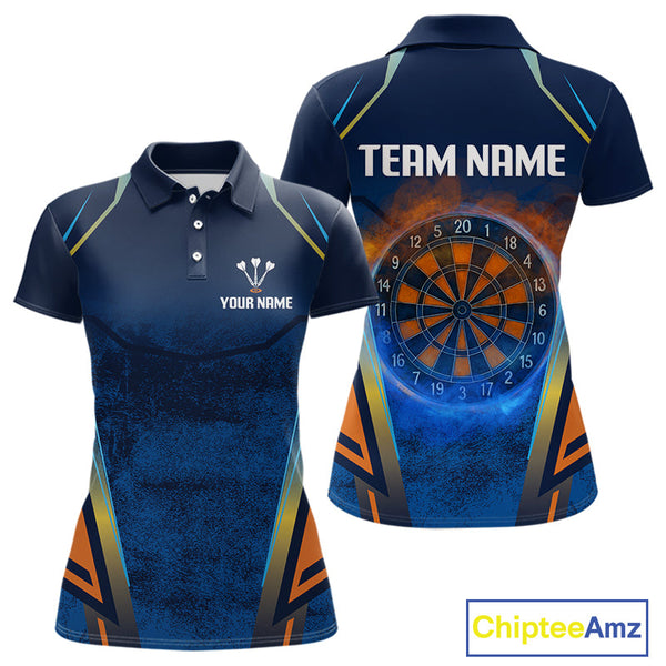 Custom Blue And Orange Smoke Flame Dart Team Polo Shirts For Women, Vintage Dart Shirt NYN0312