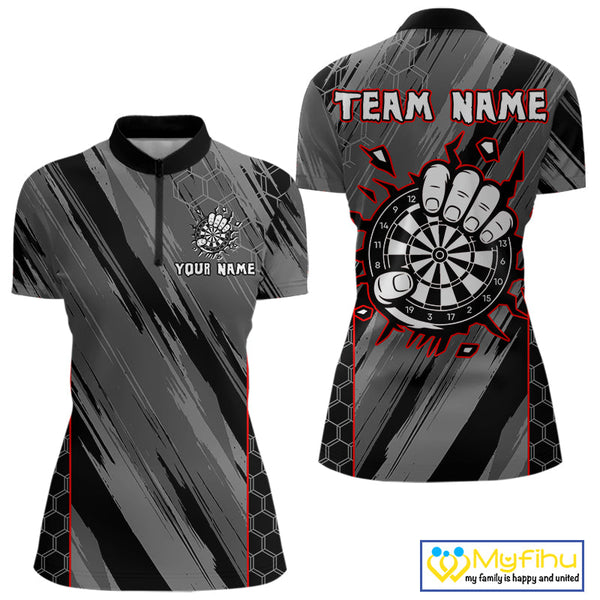 Custom Black, Gray And Red Camo Strong Dart Team Women Quarter-Zip Shirts, Dart Jerseys NYN0318
