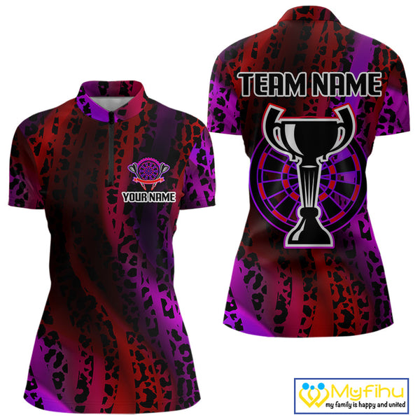 Custom Red And Purple Leopard Pattern Print Dart Trophy Women Quarter-Zip Team Shirt NYN0322