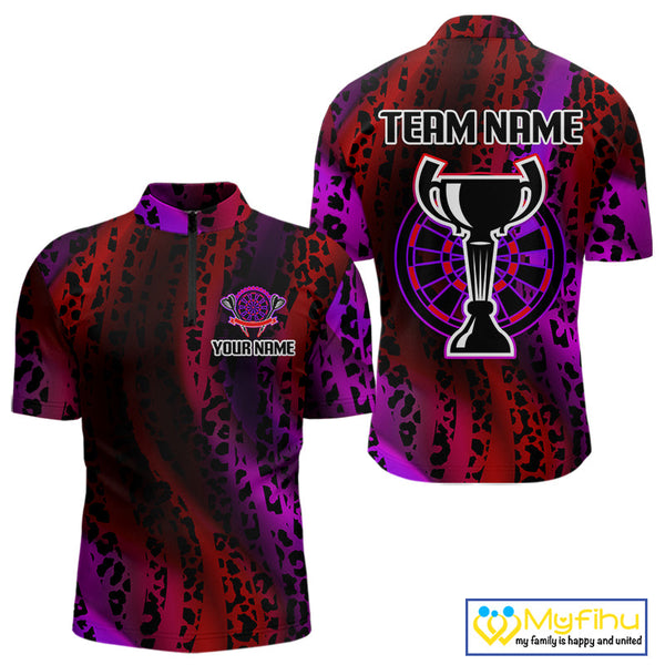Custom Red And Purple Leopard Pattern Print Dart Trophy Quarter-Zip Shirts For Men, Team Shirt NYN0322