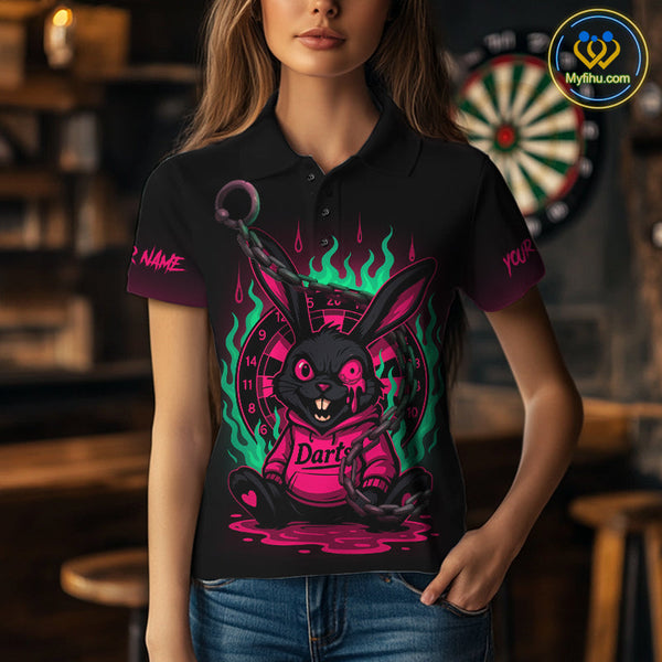 Custom Green And Pink Flame Funny Rabbit Dart Polo Shirt For Women, Dart Jersey NYN0593