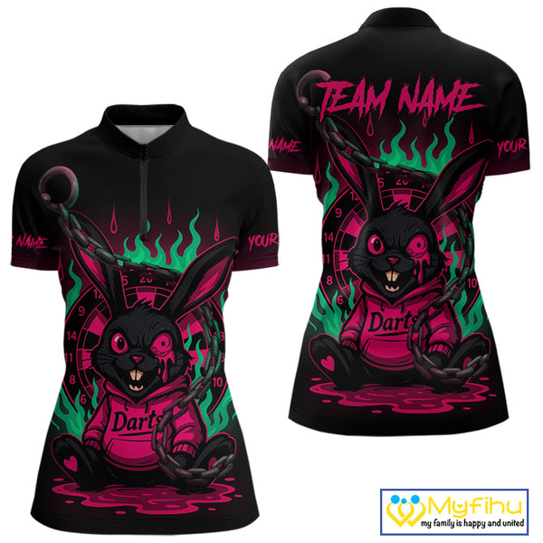 Custom Green And Pink Flame Funny Rabbit Dart Quarter-Zip Shirt For Women, Dart Jersey NYN0593