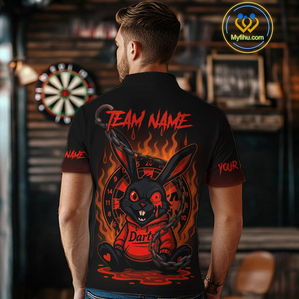 Custom Black And Orange Flame Funny Rabbit Dart Polo Shirt For Men, Dart Jersey NYN0594