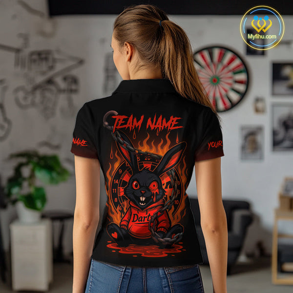 Custom Black And Orange Flame Funny Rabbit Dart Polo Shirt For Women, Dart Jersey NYN0594