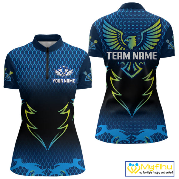 Custom Blue And Green Eagle Dart Jerseys, Dart Team Quarter-Zip Shirts For Women NYN0356