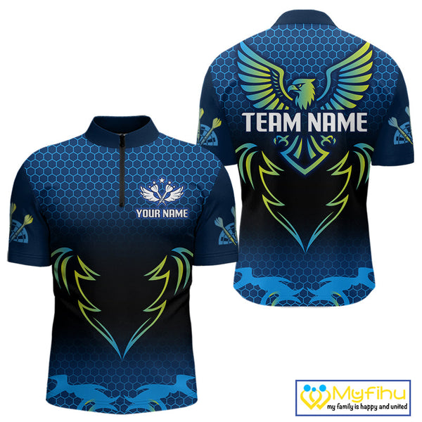 Custom Blue And Green Eagle Dart Jerseys, Dart Team Quarter-Zip Shirts For Men NYN0356