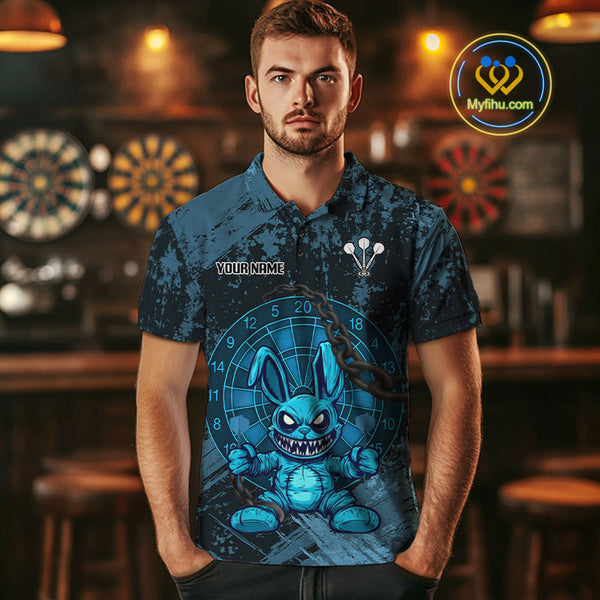 Custom Grunge Black And Blue Angry Rabbit Dart Team Men Polo Shirt, Dart Jerseys NYN0628