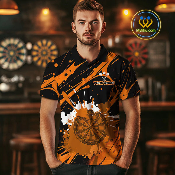 Custom Orange Paint Splash Dartboard Polo Shirt For Men, Artistic Dart League Shirt NYN0648
