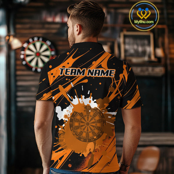 Custom Orange Paint Splash Dartboard Polo Shirt For Men, Artistic Dart League Shirt NYN0648